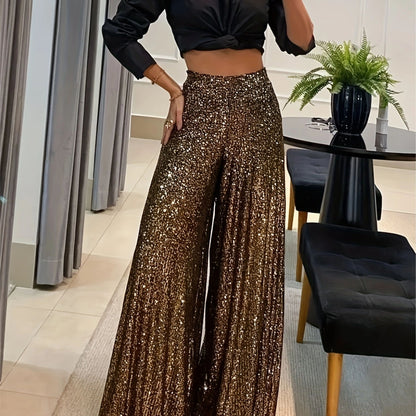 vlovelaw Solid Color Two-piece Set, Casual Long Sleeve Crop Top & Wide Leg Pants Outfits, Women's Clothing