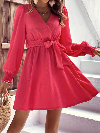 Shirred Surplice Neck Dress, Casual Long Sleeve Pleated Dress, Women's Clothing