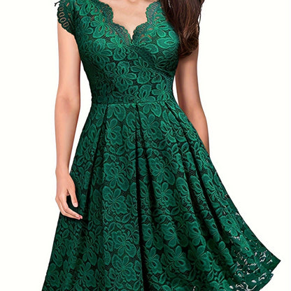 vlovelaw  Contrast Lace A-line Dress, Elegant V Neck Dress For Party & Banquet, Women's Clothing