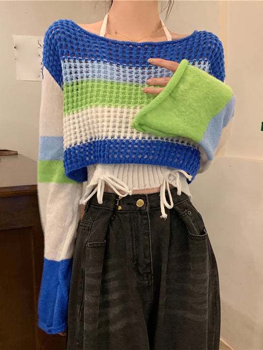 vlovelaw Casual Knit Two-piece Set, Drawstring Halter Neck Top & Color Block Hollow Out Long Sleeve Sweater Outfits, Women's Clothing