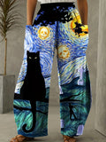 Cat Painting Print Pants, Boho Wide Leg Elastic Waist Pants, Women's Clothing