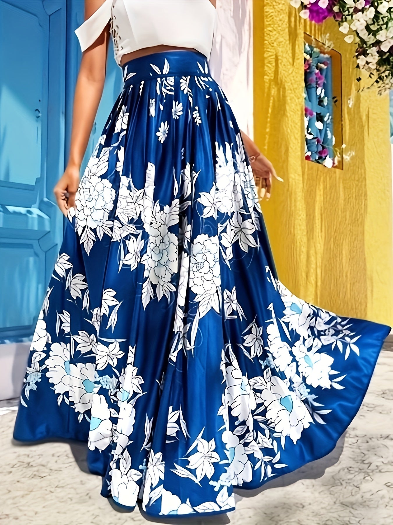vlovelaw  Floral Print High Waist Flared Skirt, Elegant Big Swing Maxi Skirt, Women's Clothing