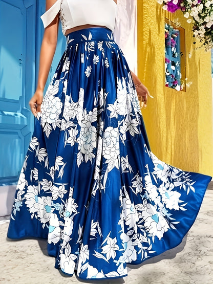vlovelaw  Floral Print High Waist Flared Skirt, Elegant Big Swing Maxi Skirt, Women's Clothing