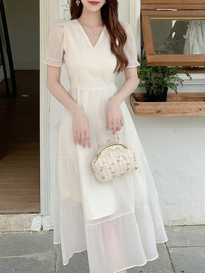 vlovelaw Mesh Overlay Puff Sleeve Dress, Elegant V-neck A-line Dress For Spring & Summer, Women's Clothing