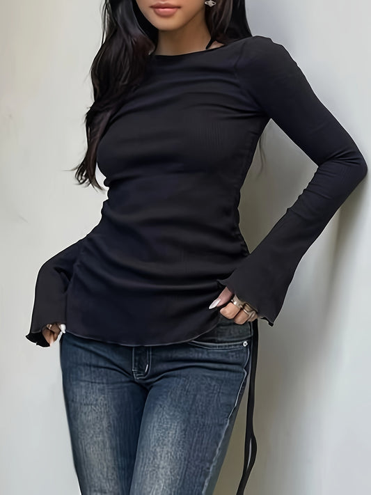 vlovelaw  Drawstring Crew Neck T-Shirt, Y2K Long Sleeve Lettuce Trim Top For Spring & Fall, Women's Clothing