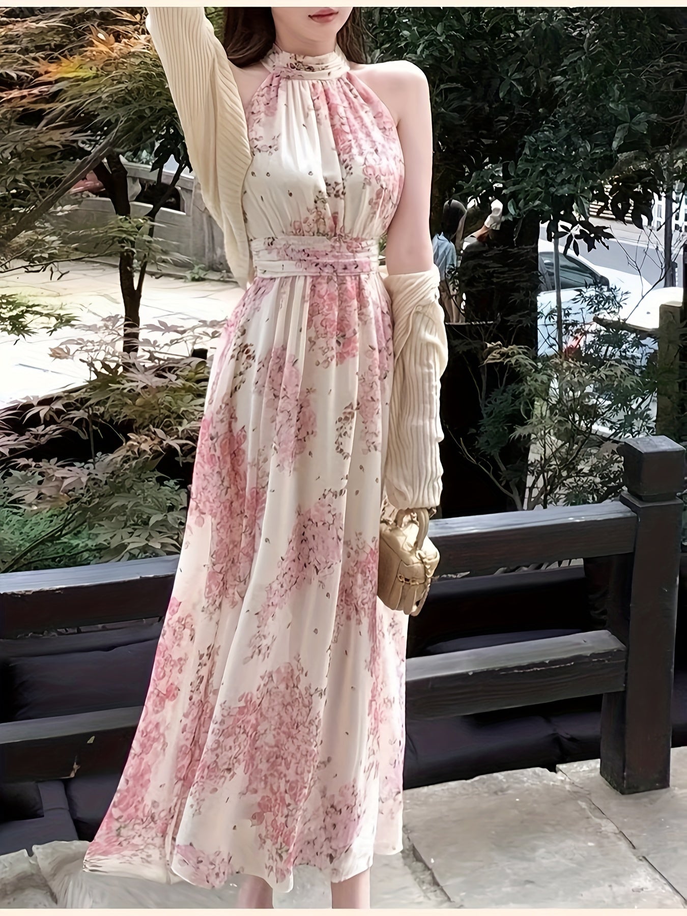 vlovelaw Lace Up Floral Print Halter Neck Dress, Elegant Sleeveless Dress For Spring & Summer, Women's Clothing