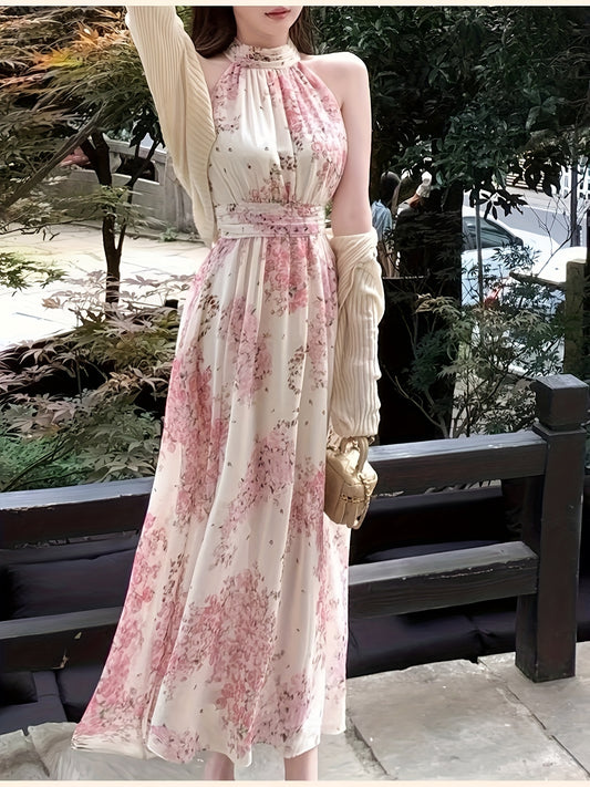 vlovelaw Lace Up Floral Print Halter Neck Dress, Elegant Sleeveless Dress For Spring & Summer, Women's Clothing