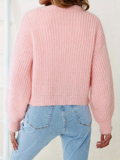 vlovelaw  Solid Button Up Knit Cardigan, Cute V Neck Long Sleeve Sweater, Women's Clothing