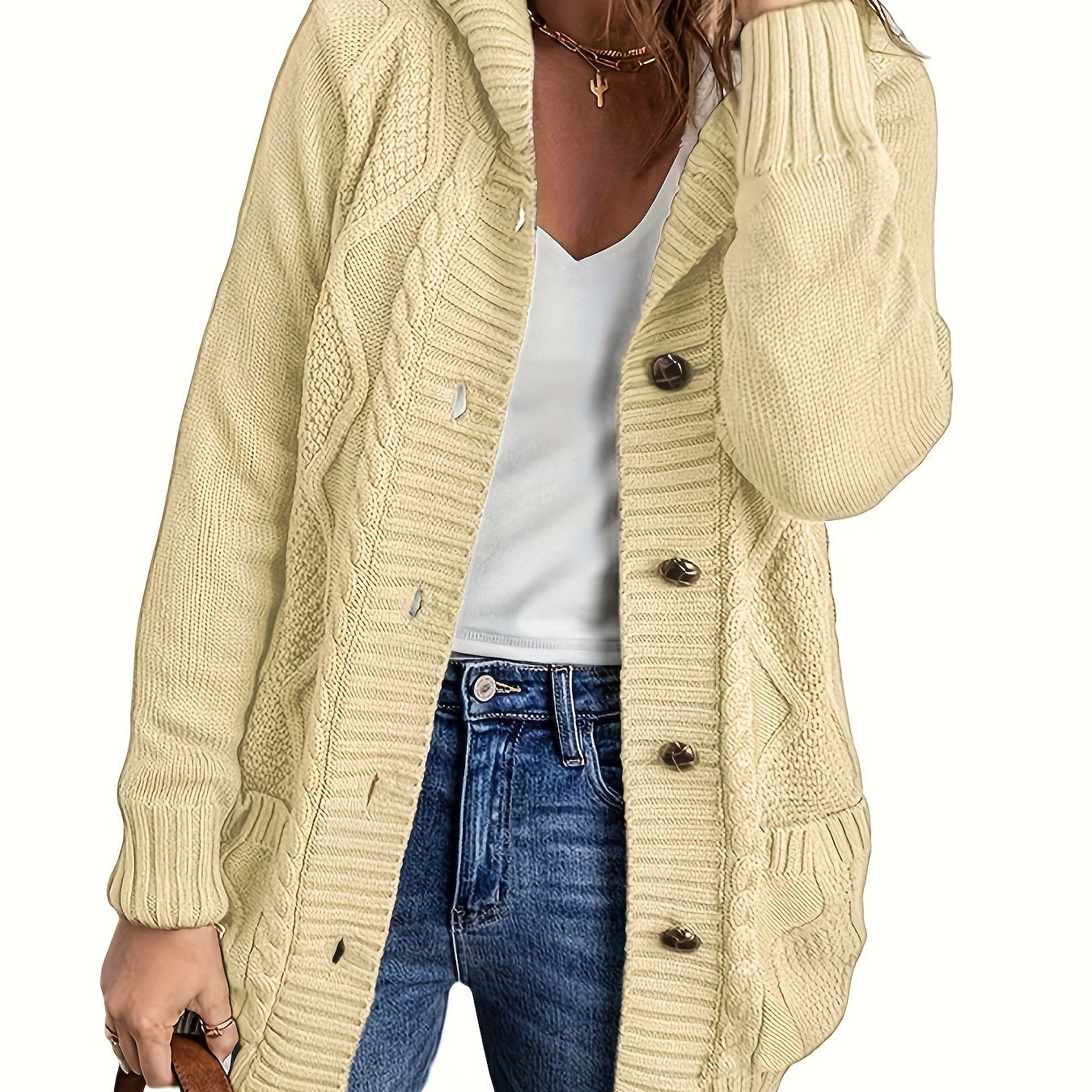 vlovelaw Plus Size Casual Sweater, Women's Plus Plain Cable Button Up Hooded Long Sleeve Jumper