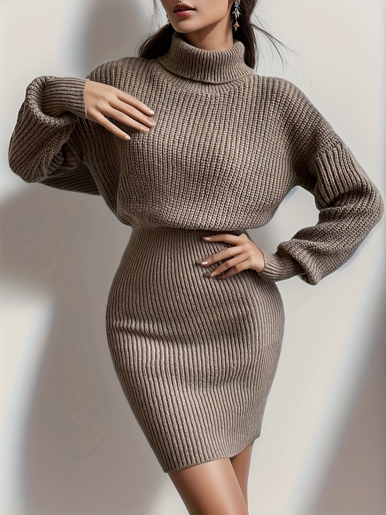 xieyinshe  Turtleneck Sweater Dress, Casual Solid Long Sleeve Bodycon Dress, Women's Clothing