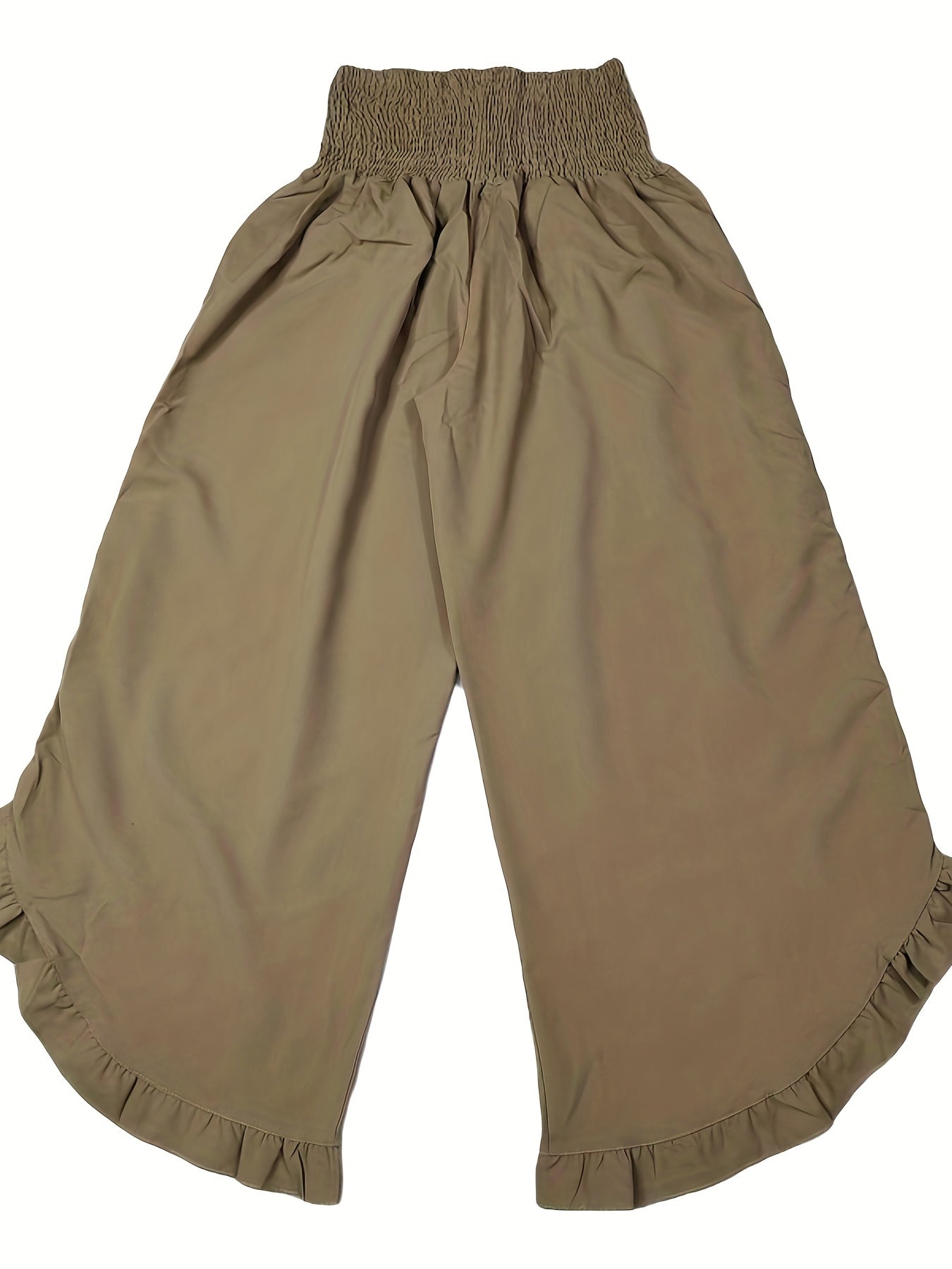 vlovelaw  Shirred Waist Ruffle Trim Pants, Casual Solid Pockets Comfy Pants For Spring & Fall, Women's Clothing