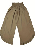 vlovelaw  Shirred Waist Ruffle Trim Pants, Casual Solid Pockets Comfy Pants For Spring & Fall, Women's Clothing