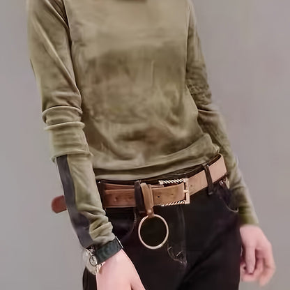 xieyinshe  Solid Turtleneck T-Shirt, Casual Long Sleeve Top For Spring & Fall, Women's Clothing