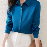 vlovelaw  Solid Button Front Shirt, Elegant Turn Down Collar Long Sleeve Shirt, Women's Clothing