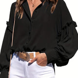 vlovelaw  Solid Polo Collar Blouse, Casual Lantern Sleeve Blouse For Spring & Fall, Women's Clothing