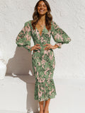 vlovelaw  Elegant V-neck Ruffled Bodycon Long Dress, Long Sleeve Print Waist Summer Slim Dresses, Women's Clothing