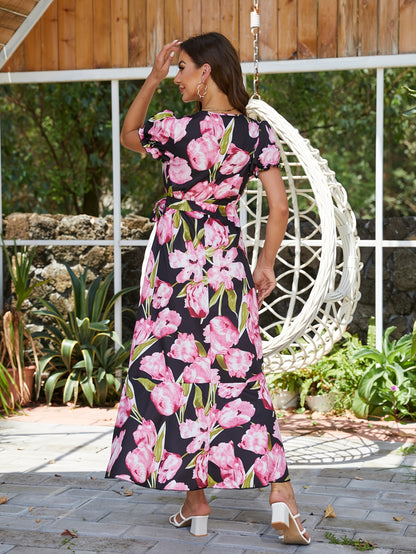 vlovelaw  Floral Print Ruffle Hem Dress, Elegant V Neck Short Sleeve Summer Dress, Women's Clothing
