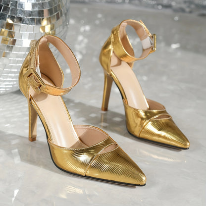 vlovelaw  Women's Golden Strappy High Heels, Pointed Toe Slingback Pumps With Adjustable Buckle, Elegant Party Shoes