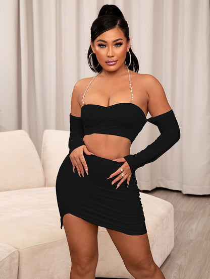 vlovelaw  Solid Sexy Skirt Suit, Long Sleeve Backless Cross Spaghetti Strap Crop Halter Top & High Waist Bodycon Skirt Outfits, Women's Clothing
