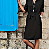 vlovelaw  Tie Waist Shirt Collar Dress With Pockets On Left Chest, Solid Casual Dress For Spring & Fall, Women's Clothing