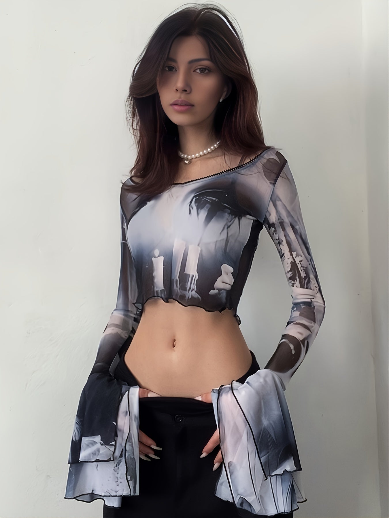 vlovelaw  Y2K Mesh Flared Sleeve Crop Top, Sexy Long Sleeve Crew Neck Top, Women's Clothing