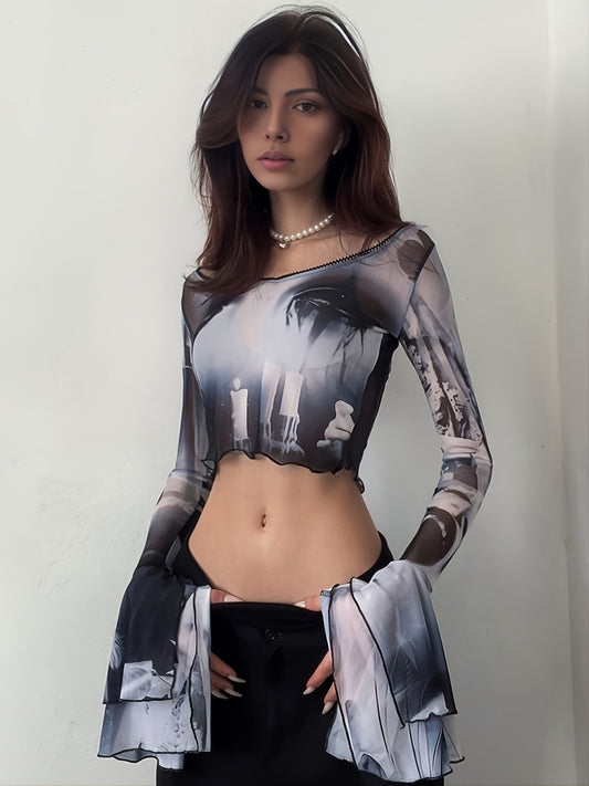 vlovelaw  Y2K Mesh Flared Sleeve Crop Top, Sexy Long Sleeve Crew Neck Top, Women's Clothing