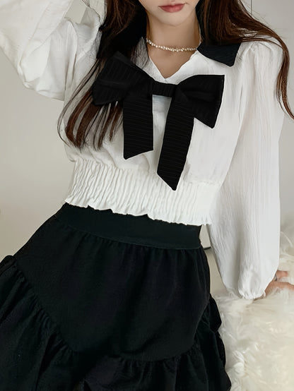 Contrast Trim Bow Decor Blouse, Sweet Lantern Sleeve Blouse For Spring & Fall, Women's Clothing