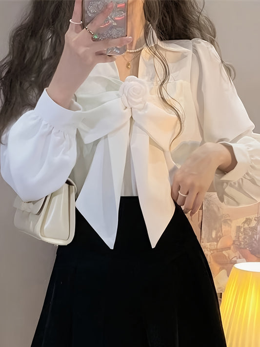 vlovelaw  Solid Floral Tie Decor Blouse, Vintage Long Sleeve Blouse For Spring & Fall, Women's Clothing
