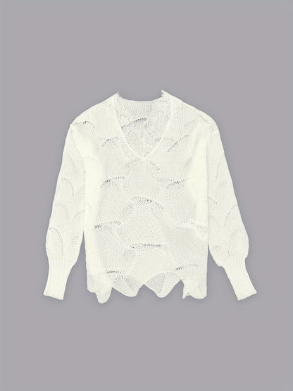 Solid Eyelet Scallop Hem Knit Sweater, Casual Lace V Neck Long Sleeve Pullover Sweater, Women's Clothing