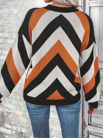 Color Block Crew Neck Pullover Sweater, Casual Long Sleeve Sweater For Fall & Winter, Women's Clothing
