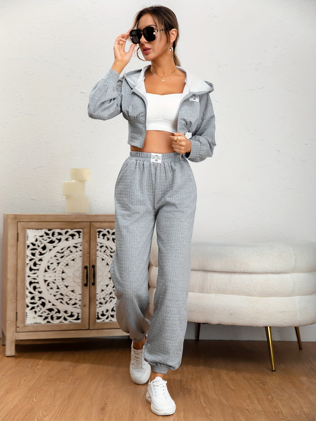 vlovelaw  Solid Casual Two-piece Set, Zip Up Long Sleeve Hoodies & Elastic Waist Jogger Pants Outfits, Women's Clothing