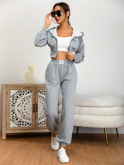 vlovelaw  Solid Casual Two-piece Set, Zip Up Long Sleeve Hoodies & Elastic Waist Jogger Pants Outfits, Women's Clothing