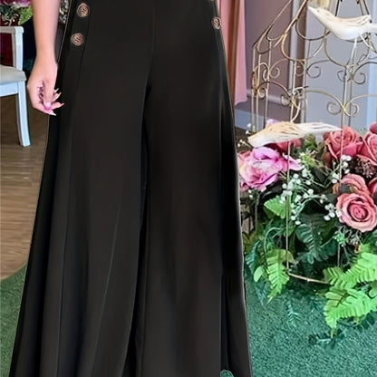 Plus Size Elegant Pants, Women's Plus Solid Mid Waisted Wide Leg Button Decor Loose Trousers