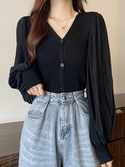 vlovelaw  Solid Color Button Front Top, V Neck Slim Long Sleeve Cardigans Top For Spring & Fall, Women's Clothing