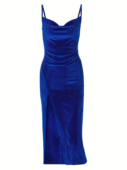 vlovelaw Split Thigh Ruched Dress, Elegant Spaghetti Sleeveless Party Dress, Women's Clothing
