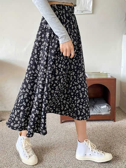 Ditsy Floral Print High Waist Skirt, Elegant Midi Skirt For Spring & Symmer, Women's Clothing