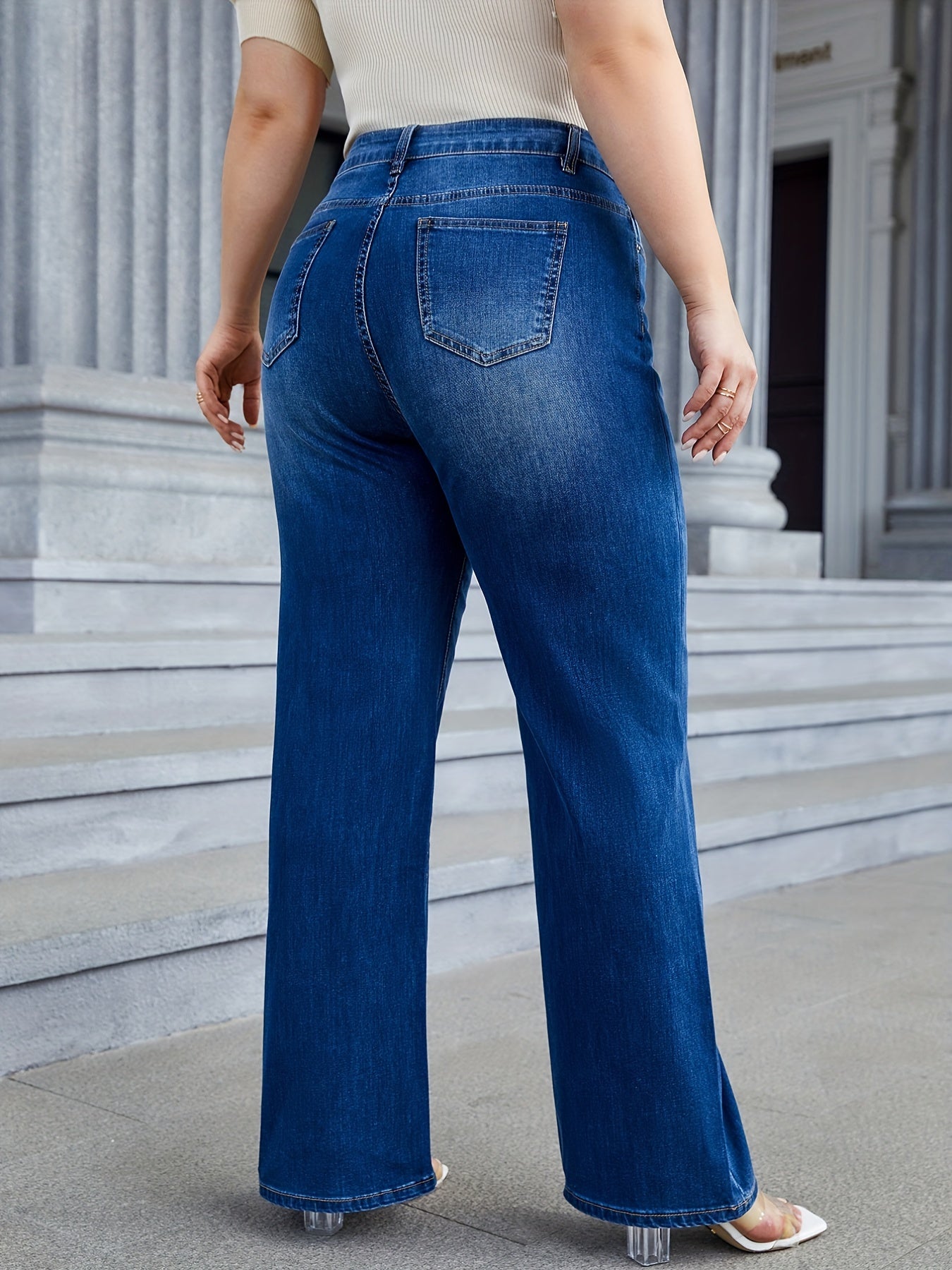 vlovelaw  Plus Size Casual Jeans, Women's Plus Washed Button Fly Medium Stretch Wide Leg Jeans