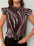 Casual Allover Print Ruffle Trim Blouse, Mock Neck Short Sleeve Blouse For Spring & Summer, Women's Clothing
