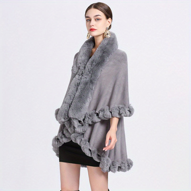 Mature Faux Fur Collar Shawl Solid Color Thickened Imitation Fox Fur Warm Large Cape Cardigan Women's Autumn Winter Outside Warm Coat Shawl