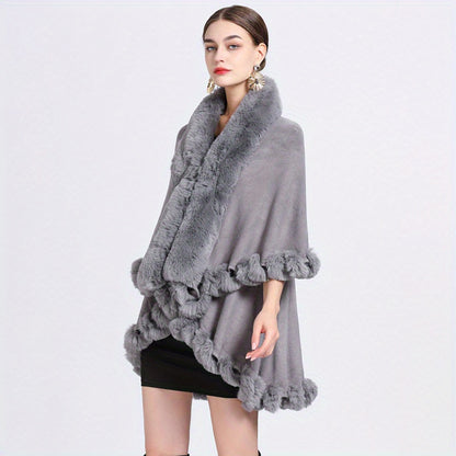 Mature Faux Fur Collar Shawl Solid Color Thickened Imitation Fox Fur Warm Large Cape Cardigan Women's Autumn Winter Outside Warm Coat Shawl
