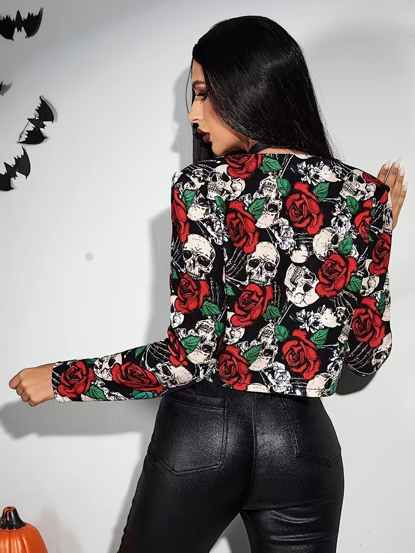 Gothic Skull & Floral Print Cropped Blazer, Open Front Long Sleeve Outerwear, Women's Clothing