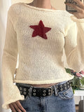 vlovelaw Y2K Star Pattern Boat Neck Pullover Sweater, Casual Long Sleeve Sweater For Spring & Fall, Women's Clothing