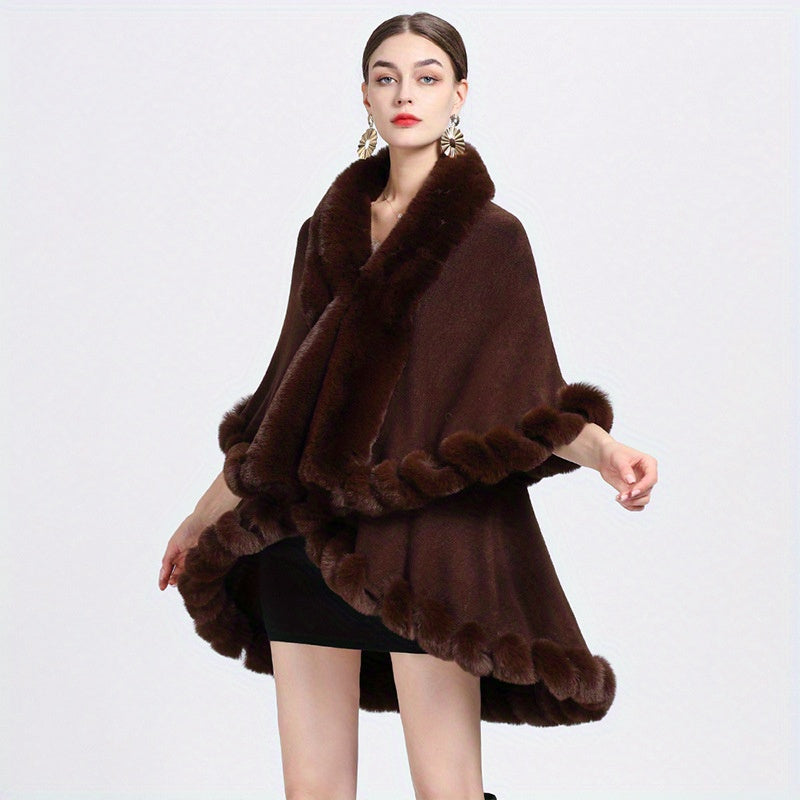 Mature Faux Fur Collar Shawl Solid Color Thickened Imitation Fox Fur Warm Large Cape Cardigan Women's Autumn Winter Outside Warm Coat Shawl