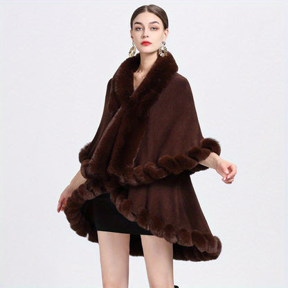 Mature Faux Fur Collar Shawl Solid Color Thickened Imitation Fox Fur Warm Large Cape Cardigan Women's Autumn Winter Outside Warm Coat Shawl