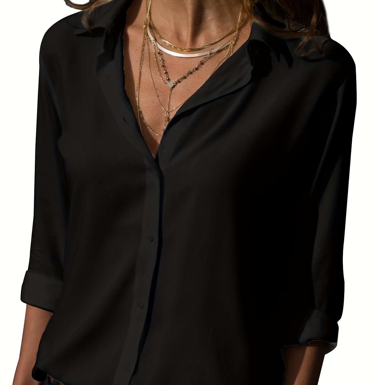 Versatile Solid Shirt, Casual Button Front Long Sleeve Collar Shirt, Women's Clothing