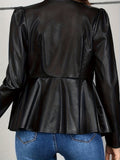 Ruffle Hem PU Jacket, Casual Zip Up Long Sleeve Solid Outerwear, Women's Clothing