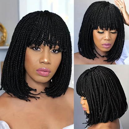 12 Inch Short Box Braid BoBo Wig - Synthetic Hair, Straight Style, Elastic Net Cap, Cornrow Braided Design, Bangs, Basics Style for African Women