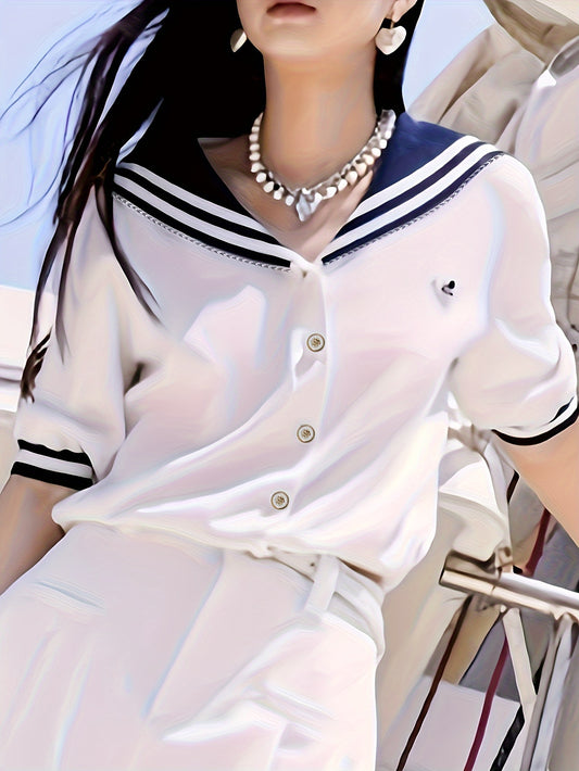 vlovelaw  Color Block Button Down Knitted Top, Casual Navy Collar Short Sleeve Sweater For Spring & Summer, Women's Clothing