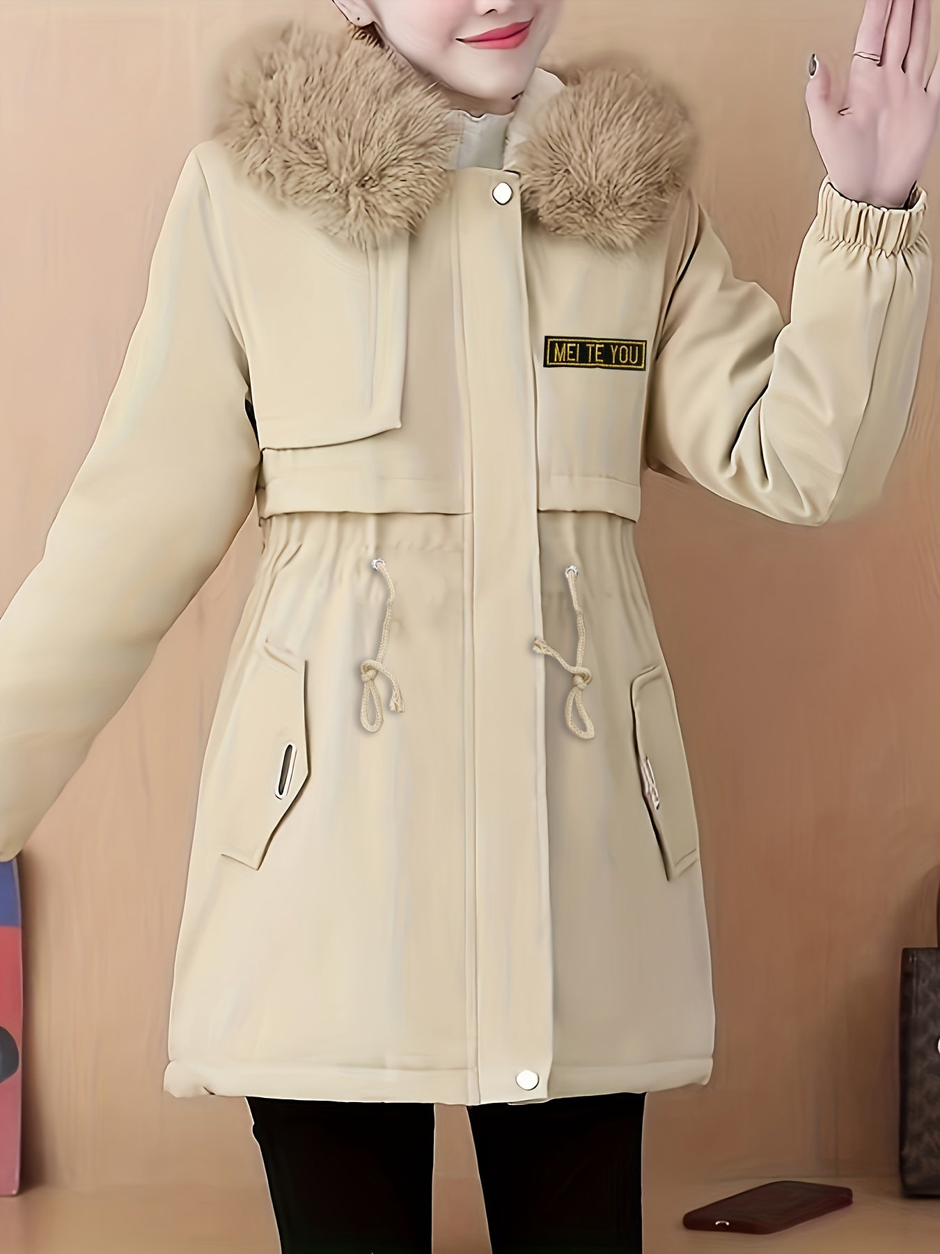 vlovelaw  Fluffy Trim Zip Up Coat, Casual Solid Long Sleeve Winter Outerwear, Women's Clothing
