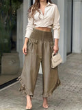 vlovelaw  Shirred Waist Ruffle Trim Pants, Casual Solid Pockets Comfy Pants For Spring & Fall, Women's Clothing